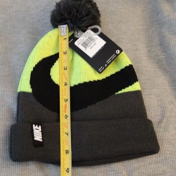 NIKE Big Kid's Volt Yellow Black Swoosh Pom Pom Knit Beanie NWT - Picture 15 of 15